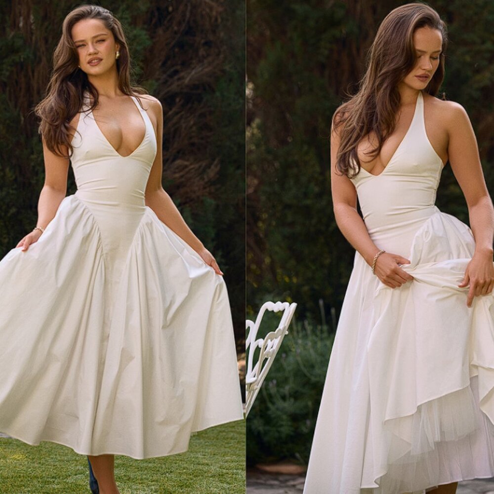 House of CB 'Marilyn' White Cotton Halter Midi Sundress NWOT
